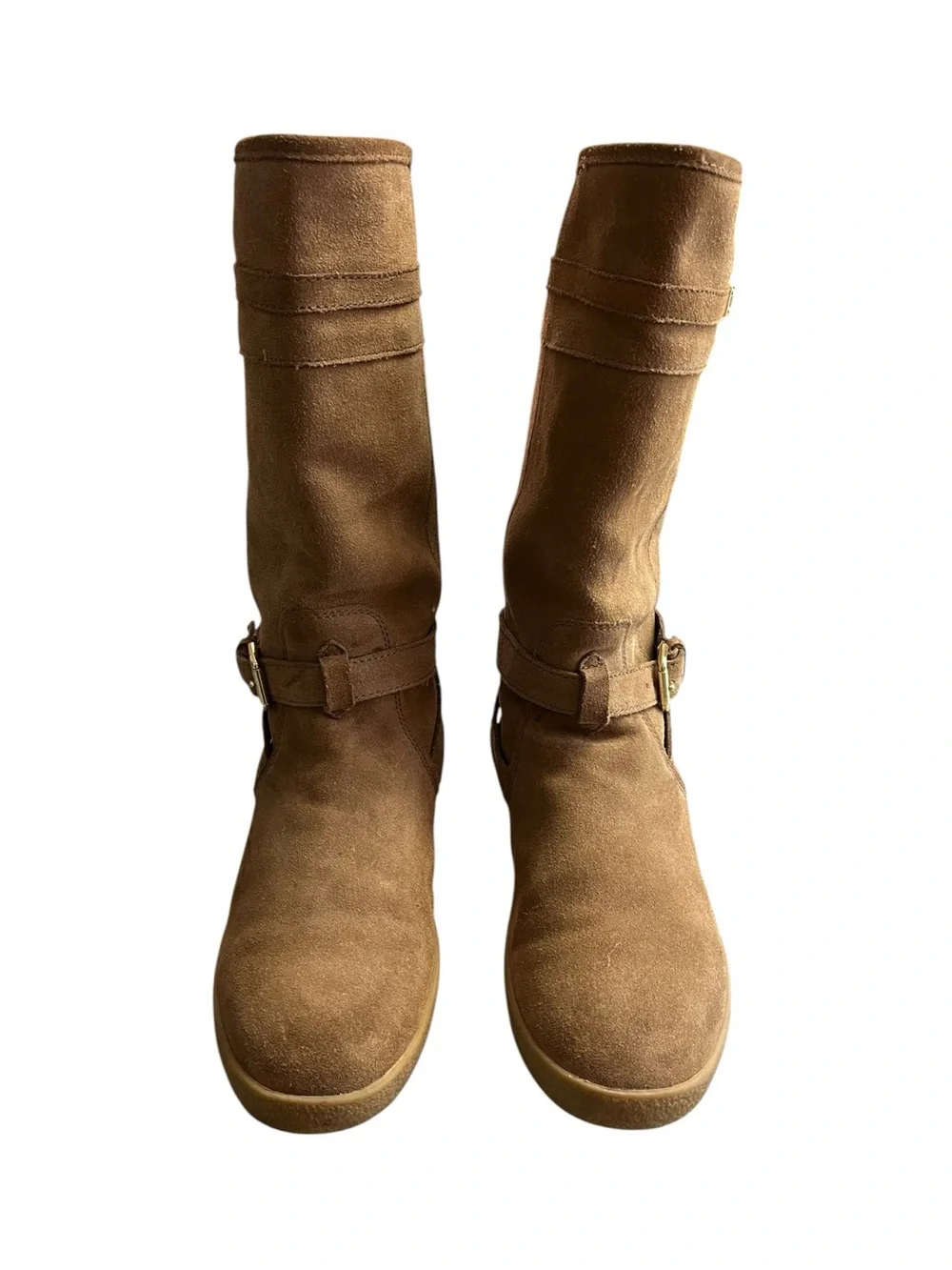 Coach Tallulah Boots Women’s 7 B Brown Suede Shearling Mid Calf Buckle Gold Logo